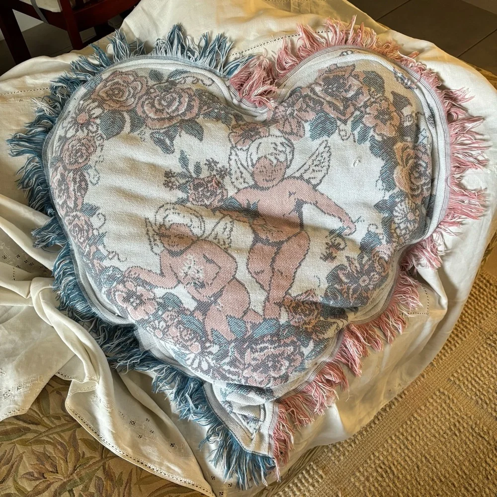 Oversized Vintage Quilt Tapestry Turned into Heart Shaped Cherub Pillow w Fringe